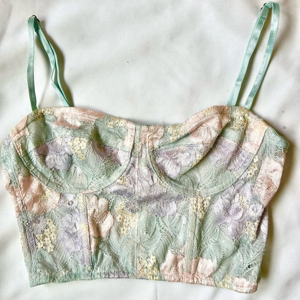 All lace baby blue top with silver zipper. Brand: Blue Blush.
